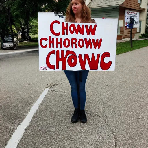 Image similar to A beautiful woman holding a sign that reads Chowning is a Fool.