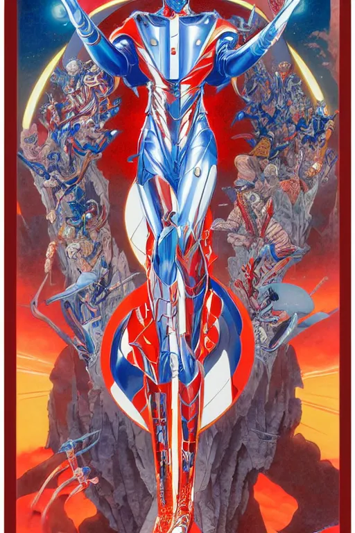 Image similar to poster of ultraman, symmetrical, by yoichi hatakenaka, masamune shirow, josan gonzales and dan mumford, deayami kojima, takato yamamoto, barclay shaw, karol bak, yukito kishiro