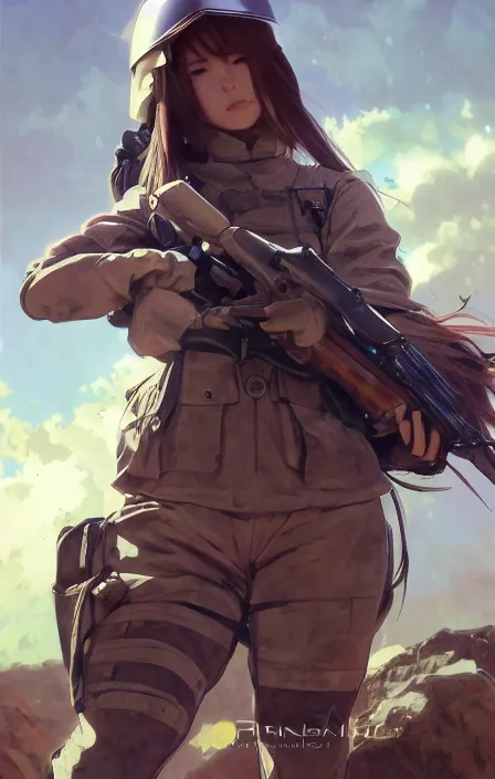 Image similar to infantry girl, anime style, symmetrical facial features long hair, hair down, under heavy fire, explosions, wallpaper, hyper realistic, pale skin, rule of thirds, extreme detail, 4 k, detailed drawing, trending artstation, realistic lighting, trading card, by alphonse mucha, greg rutkowski, sharp focus, backlit, fast helmet