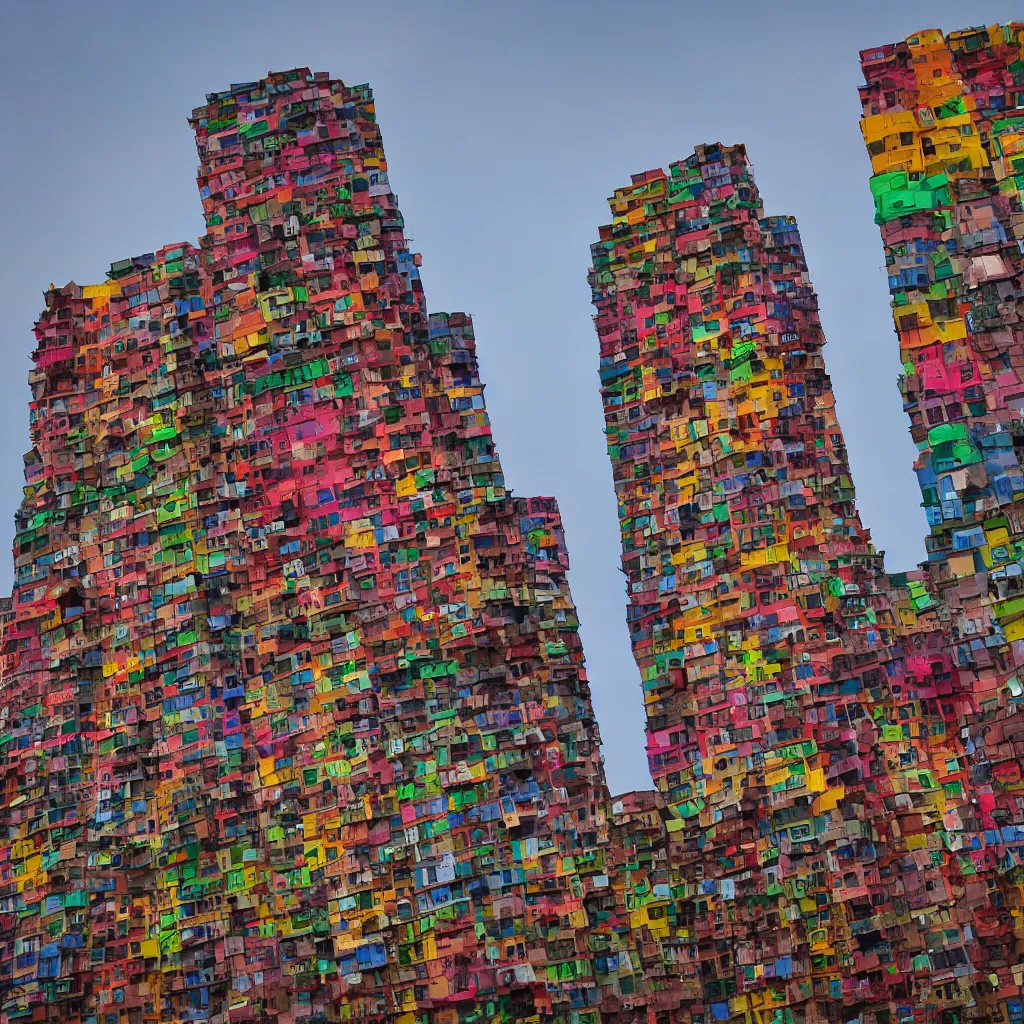 Image similar to two towers, made up of stacked makeshift squatter shacks with colourful facades, plain uniform sky at the back, misty, phase 1, f 1. 8, ultra sharp, very detailed, photographed by julie blackmon