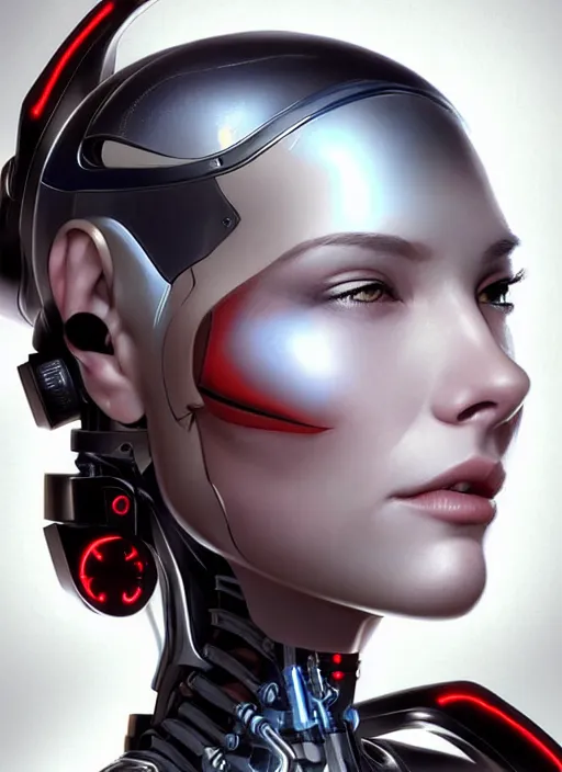 Prompt: portrait of a cyborg woman who turns her head to the ((((((right))))) left+2 (((((up))))) (((((down))))) by Artgerm,eyes closed , biomechanical, hyper detailled, trending on artstation