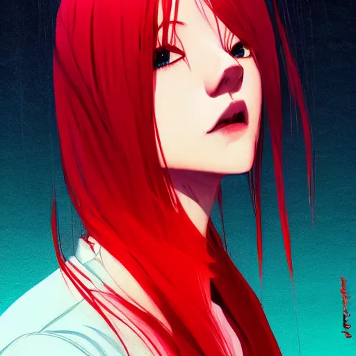 Prompt: red water dripping on rimuru tempest crying, enveloped in crimson trails, sky blue straight hair, bangs, with amber eyes, black jacket, high collar, ultra fine detaile, dark theme, digital painting, psychedelic, cinematic, wlop, pixiv, ilya kuvshinov, ross tran