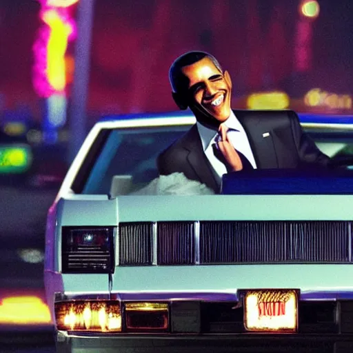 Image similar to barack obama on pimp my ride sitting in his newly upgraded presidential limo complete with a playstation 2, and a minibar. there are also neon lights in the interior.