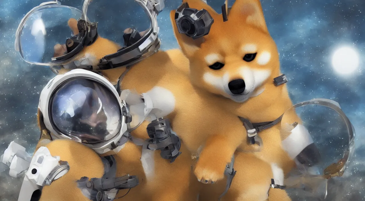 Prompt: a fantasy character with a cute shiba inu head, an astronaut body and a transparent glass helmet, shiba inu winking mischievously ， painting photoshop by hayao miyazaki, unreal 5, daz, hyperrealistic, octane render, cosplay, rpg portrait, dynamic lighting, intricate detail, harvest fall vibrancy, cinematic