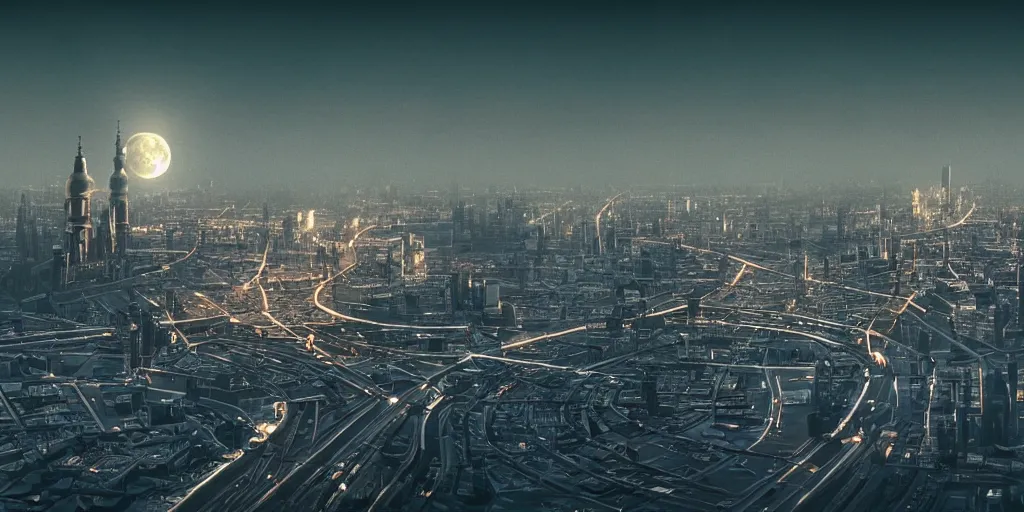 Image similar to cinematic shot of a cityscape futuristic saint petersburg city in the moon, russian orbit city, telephoto, golden mood, iconic scene from the paranoid thriller sci fi film directed by stanley kubrick, anamorphic cinematography, beautiful composition, color theory, leading lines, photorealistic, moody volumetric lighting