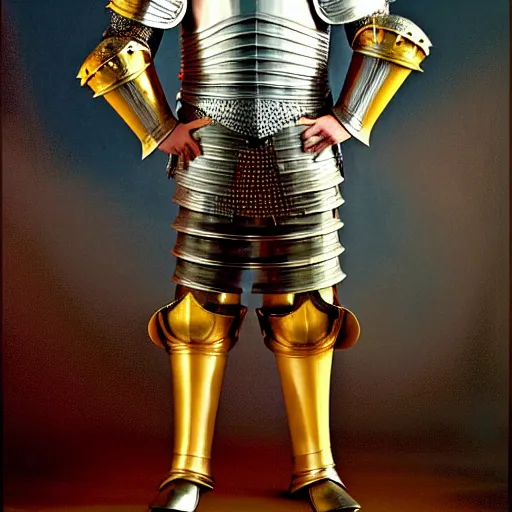 Image similar to full - body - front - shot, donald trump, knight'armor, crown, renaissance painting of a knight,