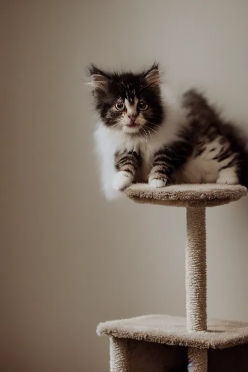 Image similar to “ fluffy kitten lying on cat tree, cozy living room, warm, cotton, dramatic lighting, extremely high quality, leica m - a, lux 3 5 fle, portra 8 0 0 ”