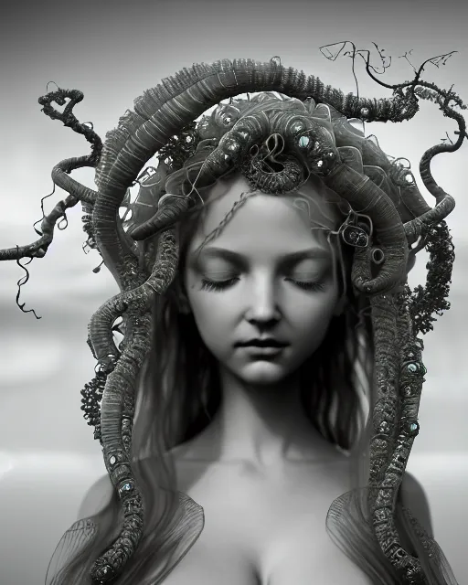 Image similar to mythical dreamy underwater artistic black and white 3 d render of a translucent beautiful young female angelic - medusa - vegetal - doll, highly detailed, intricate crystal ivy jelly ornate, poetic, translucent algae ornate, digital art, octane render, 8 k artistic photography, photo - realistic, hg giger flora borsi