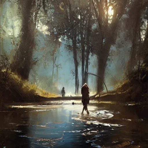 Image similar to ent goingon a walk through a river, oil painting, by greg rutkowski