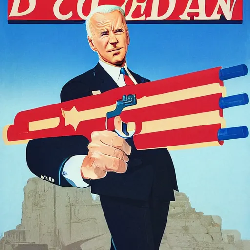 Image similar to propaganda poster of joe biden pointing gun directly at camera in james bond movie, closeup of gun, visible barrel and grip by j. c. leyendecker, bosch, lisa frank, jon mcnaughton, and beksinski