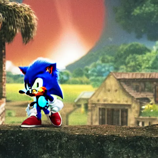 Prompt: film still of sonic the hedgehog giving a sermon. baptist church in rural tennessee background, studio ghibli film