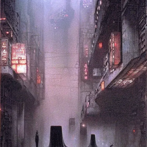 Image similar to from movie bladerunner, a scifi vehicle in a street, scene from bladerunner movie, beksinski