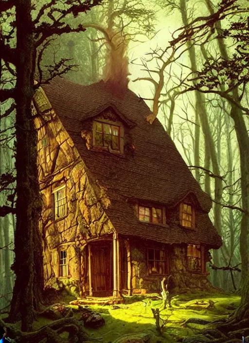 Image similar to hyper realistic homely witch cottage rococo in the woods gorgeous lighting, highly detailed, lush forest painting by norman rockwell, james gurney zdzisław beksinski and norman rockwell and greg rutkowskiweta studio