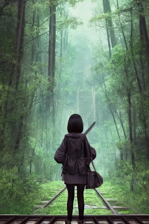 Prompt: Standing Japan girl looking and waiting to the old train heading the station with cat sitting on her right, dense creepy forest, overgrown rails, 50mm photo, highly detailed, hyper realistic, matte painting, 4k, 8k resolution, trending on artstation, octane render, unreal engine, cinematic