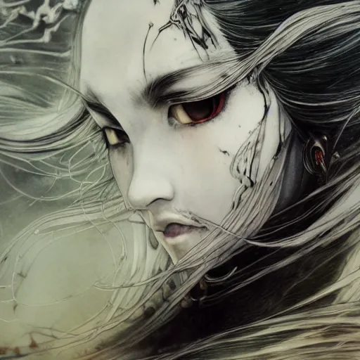 Image similar to Yoshitaka Amano realistic illustration of an anime girl with black eyes, wavy white hair fluttering in the wind and cracks on her face wearing Elden ring armour with engraving, abstract black and white patterns on the background, noisy film grain effect, highly detailed, Renaissance oil painting, weird portrait angle, blurred lost edges, three quarter view