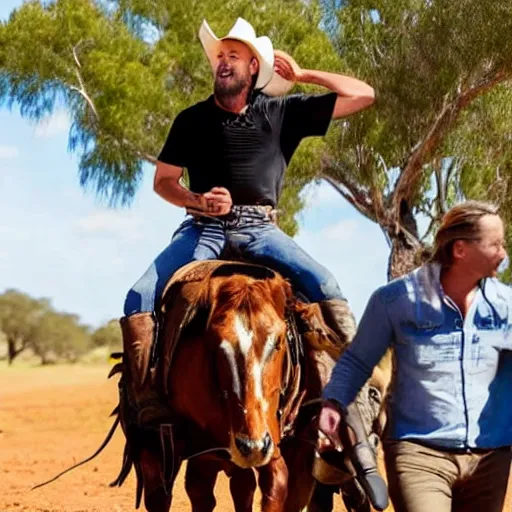 Prompt: brian houston of hillsong church as a cowboy riding a horse as he rounds up cows in the outback, high quality