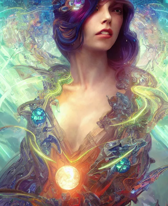 Image similar to a whirlwind of souls rushing inside the metaverse, half body, glowin eyes, tiara with sapphire, insect, android, cyberpunk, d & d, fantasy, intricate, elegant, highly detailed, colorful, vivid color, digital painting, artstation, concept art, art by artgerm and greg rutkowski and alphonse mucha and ruan jia