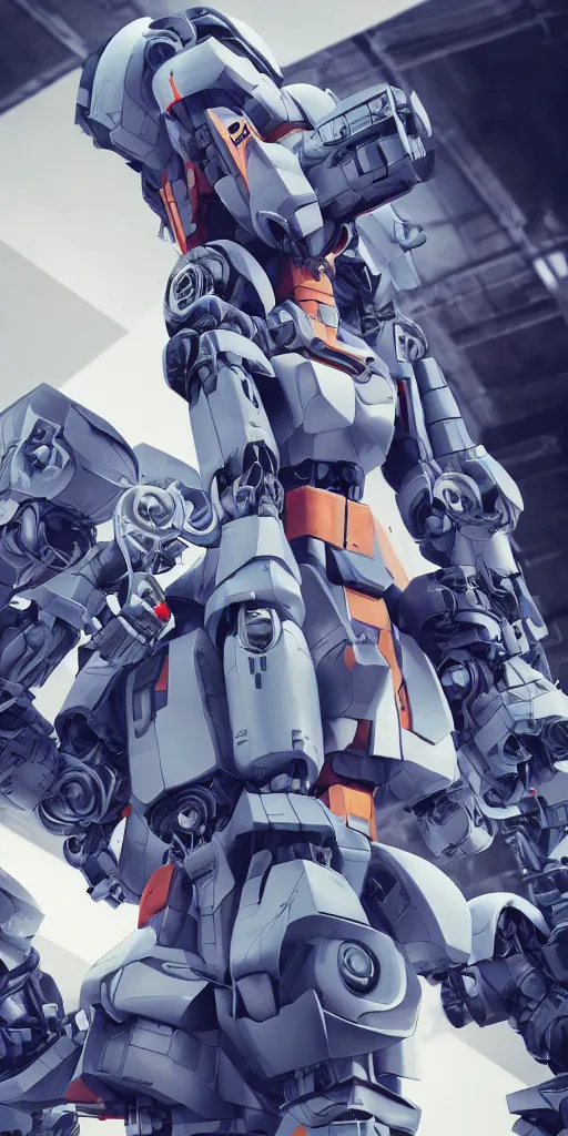 Image similar to cute mechanic wearing coveralls working on part of a giant mecha, sci - fi, gundam, wide shot, 3 d render, realistic, detailed, gears, wires, cables, gadgets