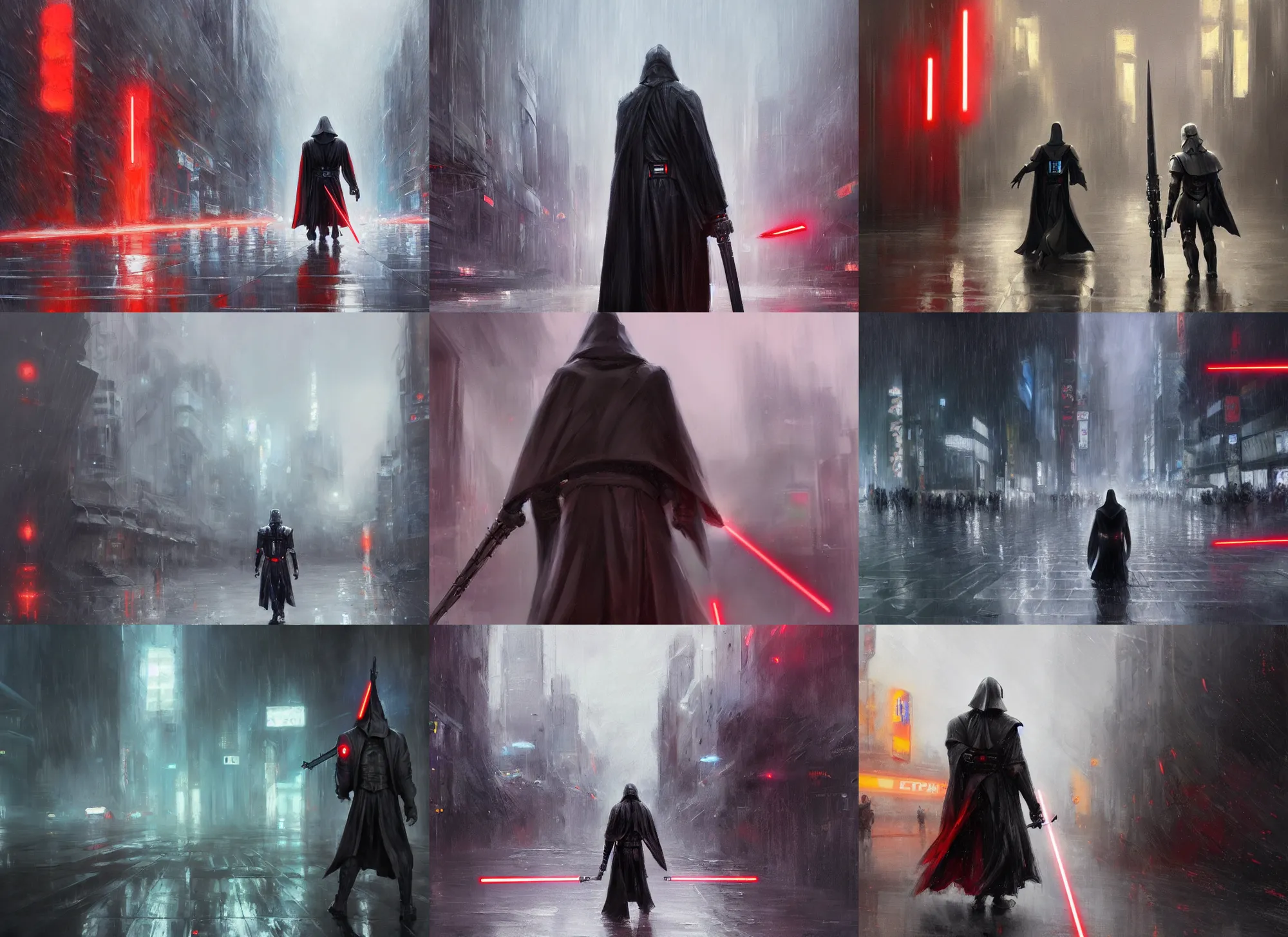 Prompt: epic cinematic shot of the back view of a sith lord holding his laser sword while walking in the rainy streets of Tokyo, concept art oil painting by Jama Jurabaev, extremely detailed, brush hard, trending on ArtStation