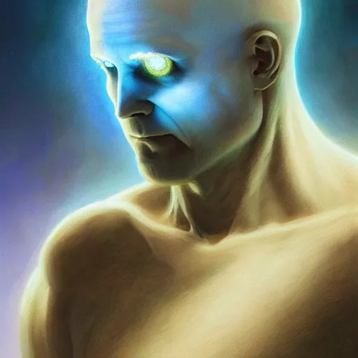 Prompt: dr manhattan with a soft glow, watchmen, dim light, bloom, front game card, marvel comics, dark, intricate, highly detailed, smooth, artstation, digital illustration by ruan jia and mandy jurgens and artgerm and wayne barlowe and greg rutkowski and zdislaw beksinski, and adi granov