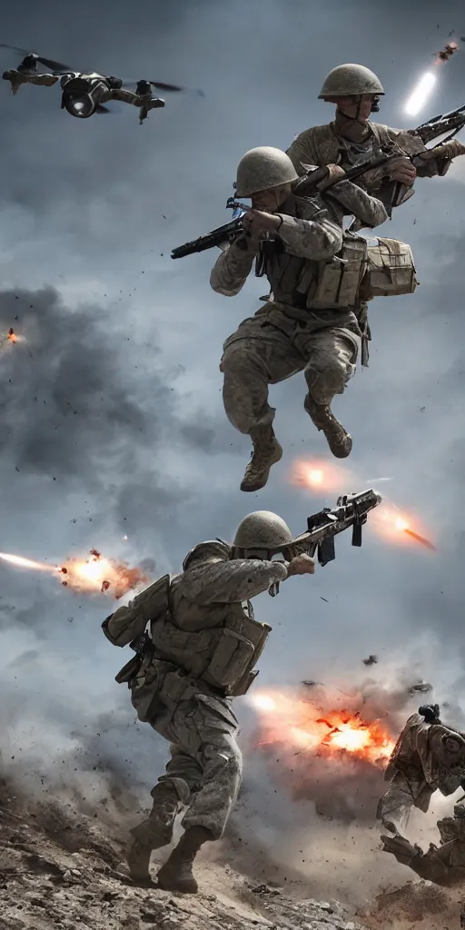 Image similar to concept art, world war iii, battlefield scene, uav, fully armed soldier shooting, launching kinetic energy weapons, launching tracking missiles, armor piercing missiles, drag light bullets, backlight, future technology, smooth lines, high detail, 8 k, octane rendering, unreal engine.