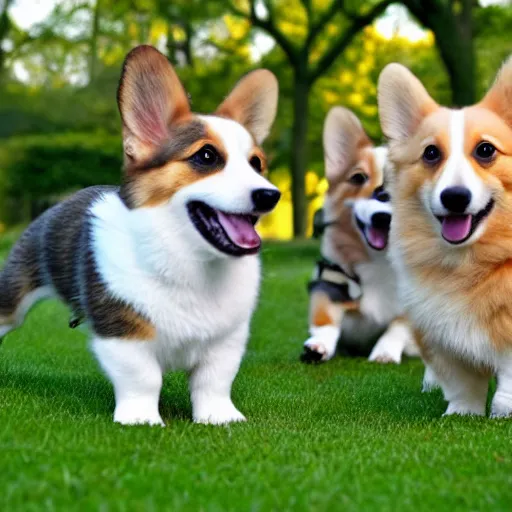 Image similar to 8k highly detailed photograph of the three most adorable Corgi Puppies playing in Central Park, golden hour,