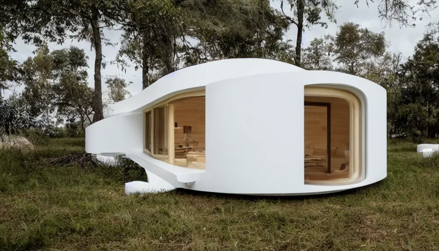 Image similar to A wide image of a full innovative contemporary 3D printed prefab cabin with rounded corners, beveled edges, made of cement, organic architecture, Designed by Gucci and Wes Anderson