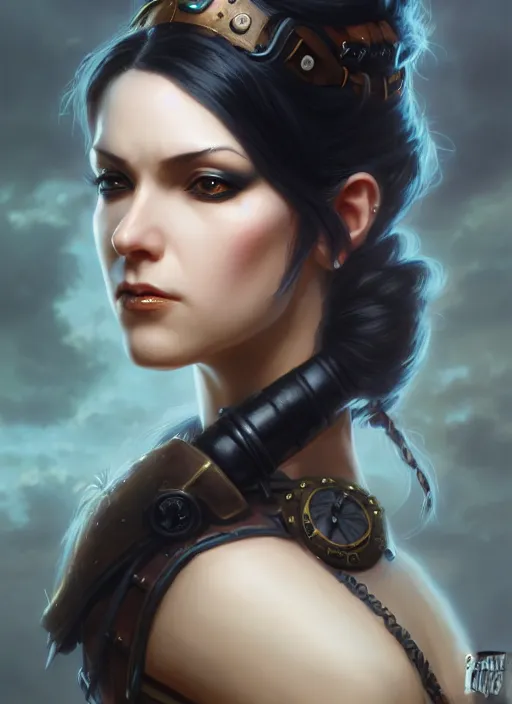 Image similar to a _ fantasy _ style _ portrait _ painting _ of steampunk woman, ponytail black hair, round face, rpg dnd oil _ painting _ unreal _ 5 _ daz. _ rpg _ portrait _ extremely _ detailed _ artgerm _ greg _ rutkowski _ greg