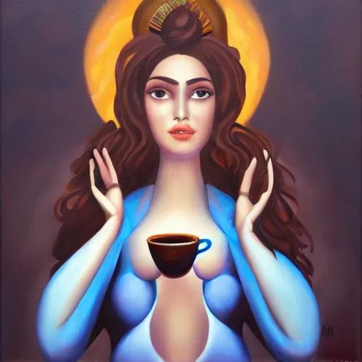 Image similar to goddess of coffee, best on artstation, oil on canvas