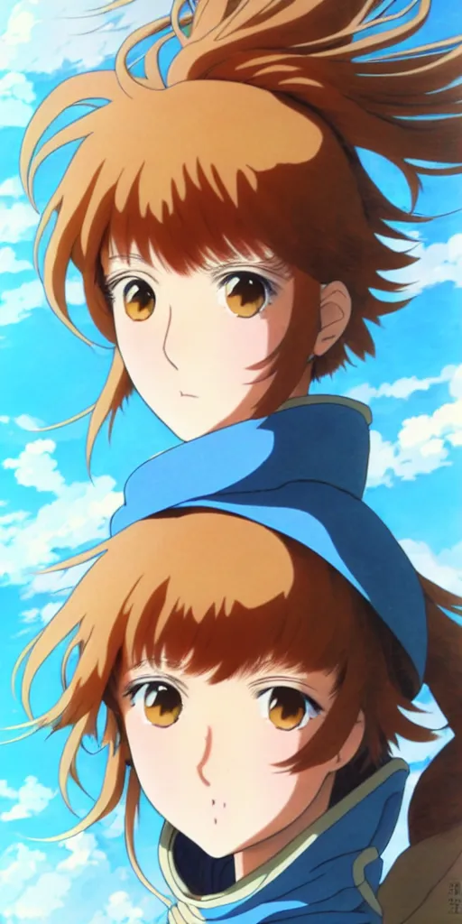 Image similar to anime art full body portrait character nausicaa concept art, anime key visual of elegant young female, brown hair and large eyes, finely detailed perfect face delicate features directed gaze, sunset in a valley, trending on pixiv fanbox, studio ghibli, extremely high quality artwork by kushart krenz cute sparkling eyes