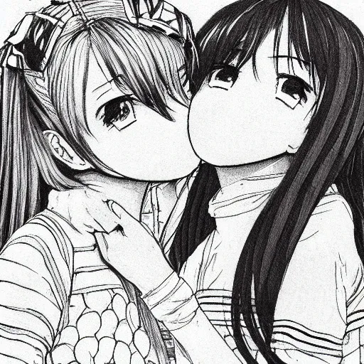 Image similar to portrait of two girls kissing, detailed manga art