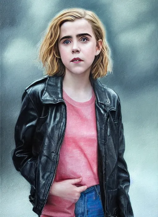 Image similar to portrait of kiernan shipka in the rain wearing a leather jacket, hyperrealistic, very detailed painting mark brooks