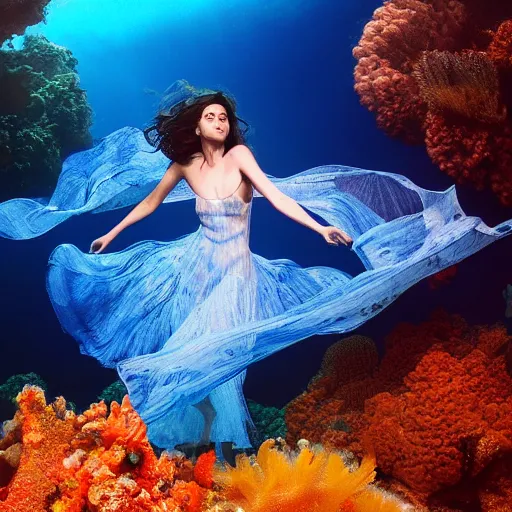 Image similar to woman dancing underwater wearing a flowing dress made of blue, magenta, and yellow seaweed, delicate coral sea bottom, swirling silver fish, swirling smoke shapes, unreal engine, caustics lighting from above, cinematic, hyperdetailed