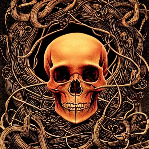 Prompt: human skull wrapped in vines, black paper, elements, red, gold, neon, baroque, rococo, white, orange, ink, tarot card with ornate border frame, marc simonetti, paul pope, peter mohrbacher, detailed, intricate ink illustration