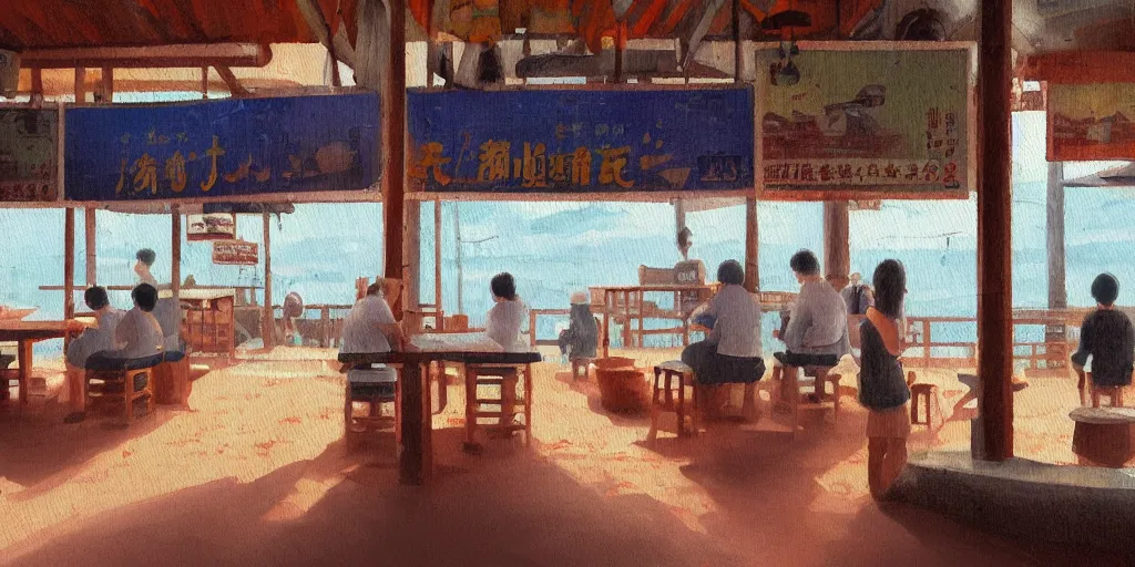 Prompt: interior of a small kopitiam at pulau indah fishing village, near a jetty, early morning, detailed ultrarealisitic painting, low angle view, telephoto lens, bokeh, studio ghibli, artstation