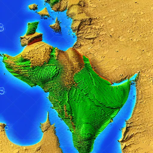 Image similar to middle east topographic map, 3d render,