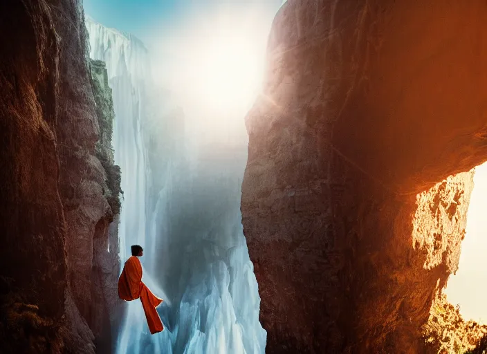 Image similar to a 2 8 mm macro photo of a man in flowing robes floating levitating over a huge canyon, splash art, movie still, bokeh, canon 5 0 mm, cinematic lighting, dramatic, film, photography, golden hour, depth of field, award - winning, anamorphic lens flare, 8 k, hyper detailed, 3 5 mm film grain, hazy