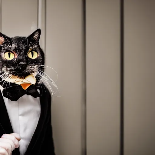 Image similar to black cat smoking cigar and wearing suit. award winning photo. high quality high fidelity. 4 k. unsplash.