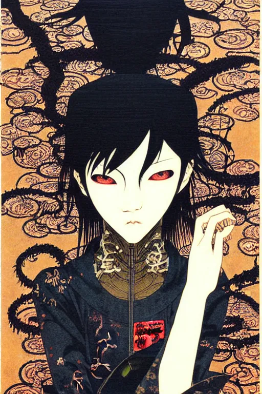 Image similar to japan cyberpunk girl, nice long black leather, detailed acrylic, grunge, intricate complexity, by takato yamamoto and by gediminas pranckevicius, joan mitchell
