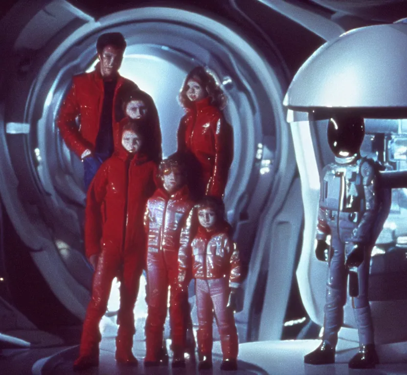 Image similar to sharp, highly detailed, film from a sci fi movie, set in 1 9 8 4, a family standing in front of their spaceship that has just landed on an alien planet, all wearing 1 9 8 4 clothes, atmospheric lighting, in focus, reflective eyes, 3 5 mm macro lens, live action, nice composition