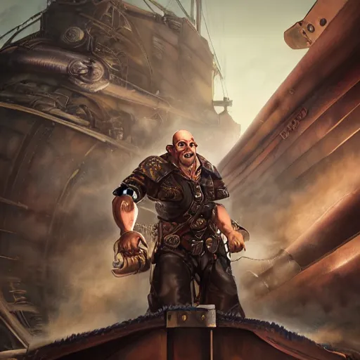 Image similar to portrait of a muscular, bald orc mechanic, wearing a heavy brown leather coat, wrench on hand, steampunk setting, gears, airship on the background, dramatic lighting, high detail, digital art by Rossdraws