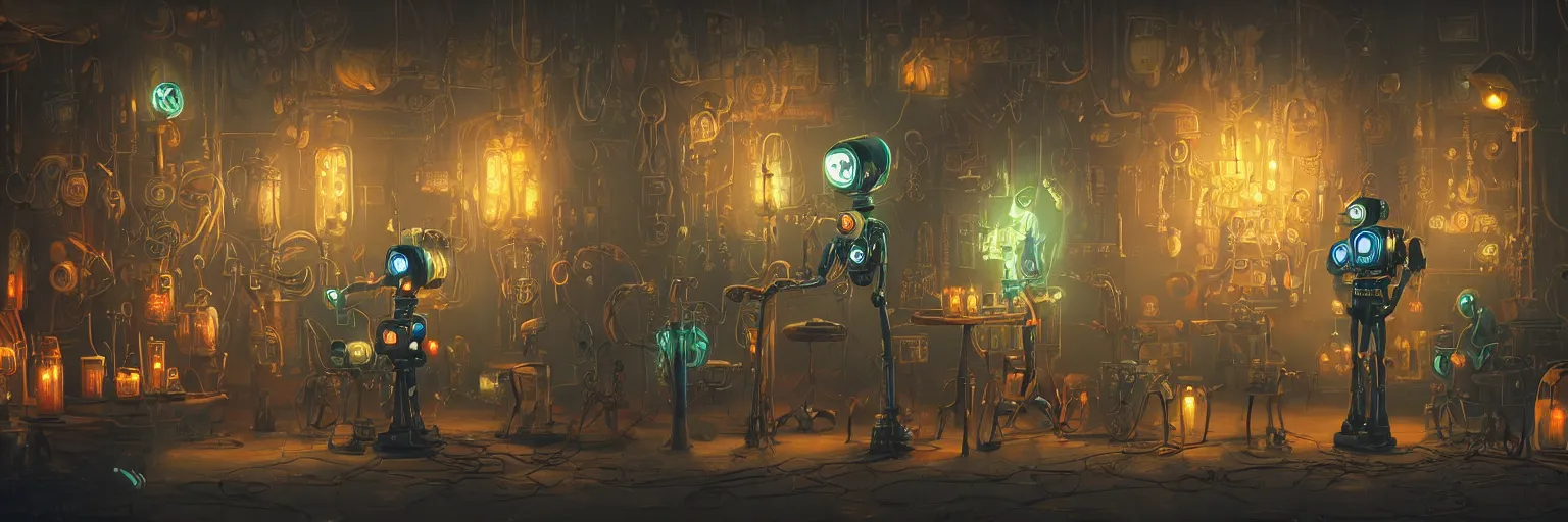 Image similar to a beautiful painting of a tapestry of a dream, a robot standing, ultra detailed, dark, steampunk, moody, candles, neon signs, infographic, characters from machinarium, by don bluth, trending on artstation, octane render