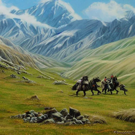 Image similar to painting lord of the rings landscape, edoras