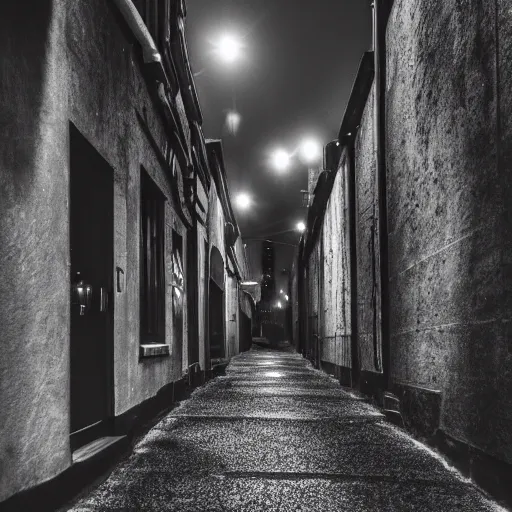 Prompt: detailed realistic photo of an alley at night, low angle