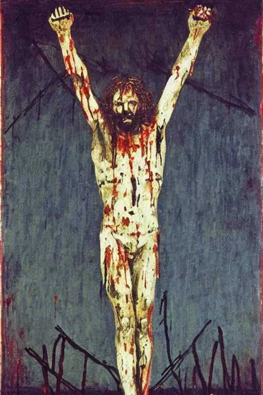 Image similar to bloody christ crucified and some bright ufo in the sky painted by cy twombly and andy warhol