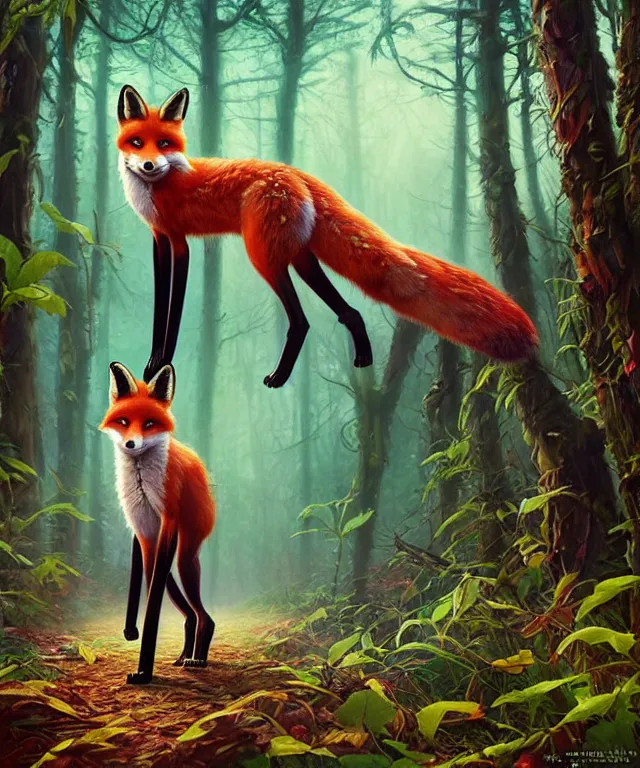 Image similar to a single realistic fox, walking through a psychedelic forest, wide angle landscape shot, pixar style by tristan eaton, artgerm and tom bagshaw