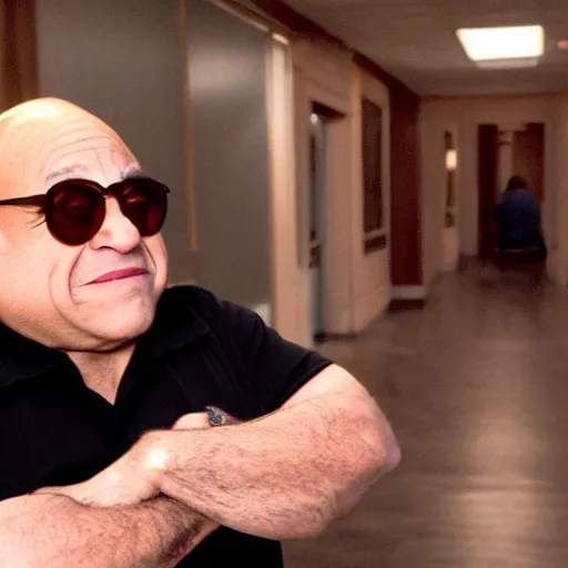 Image similar to pov encounter with danny devito in the backrooms, realistic, liminal space, unnerving