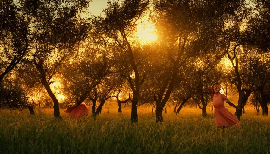 Prompt: dancing in a field of ripe peach trees, photo, cinematic lighting, cinematic still, golden hour