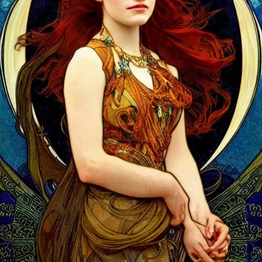 Prompt: emma stone portrait by louis - theophile hingre and alphonse mucha, hyperrealistic, sharp focus, zodiac signs, tarot cards, planets, ethereal, art nouveau, magic, moon, sun, crown, dreamy