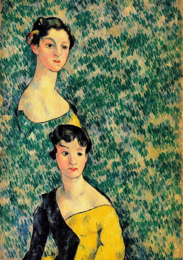 Image similar to a portrait of a young woman from the fifties, seated in front of a landscape background, her black hair is a long curly, she wears a dark green dress pleated in the front with yellow sleeves, puts her right hand on her left hand, post - impressionism, cezanne, gaugin, van gogh, seurat